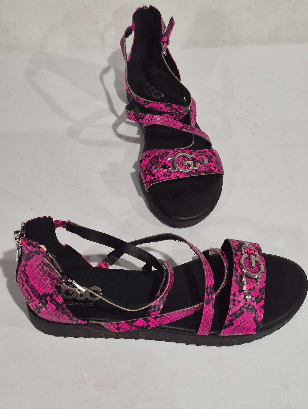 G by Guess Women's Pink Snake-Print Strappy Sandals Size 8.5